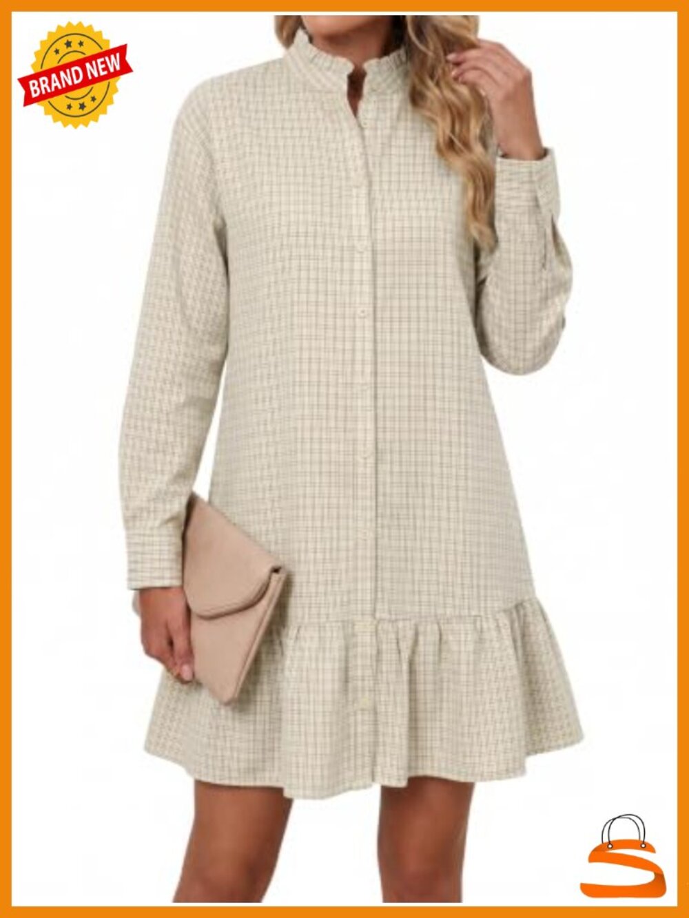 Womens Long Sleeve Plaid Button Down Shirt Dress Ruffle Mini with Pockets